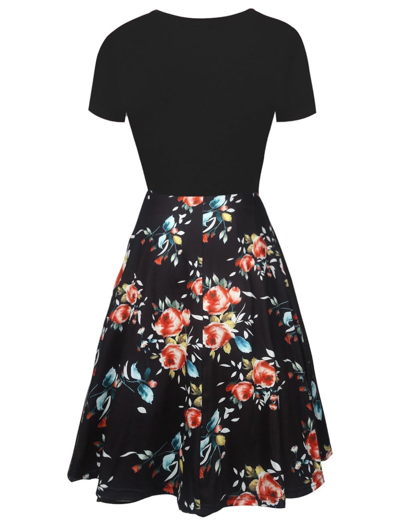 oxiuly Women's Vintage Round Neck Floral Casual Pockets Tunic Party Cocktail Cotton Blend A-Line Summer Dress OX262 (S, Black White FPT) - Image 3
